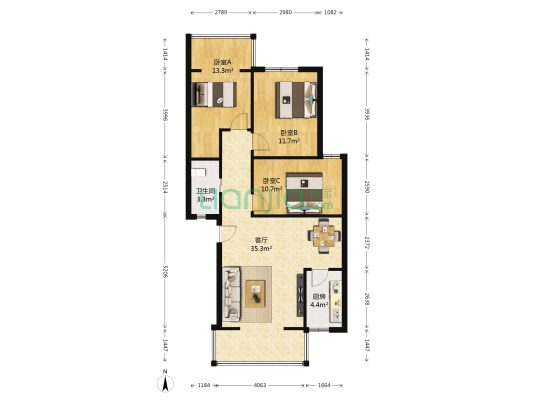 上东花园3组团 3室1厅1卫 87平方