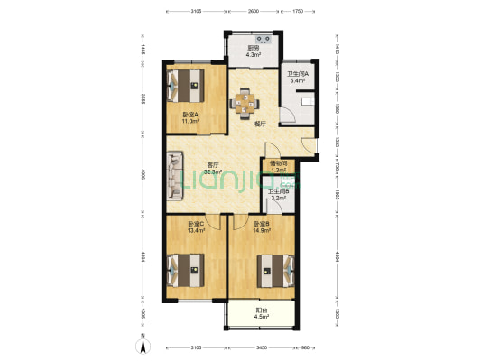 幸福新苑 3室1厅2卫 114平方