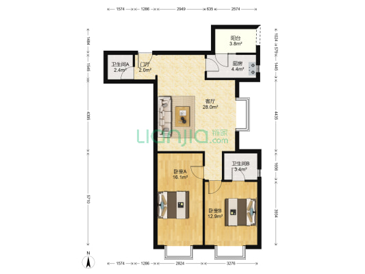大马庄园 2室1厅2卫 100平方