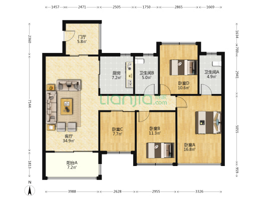 长线大厦 4室1厅2卫 88平方