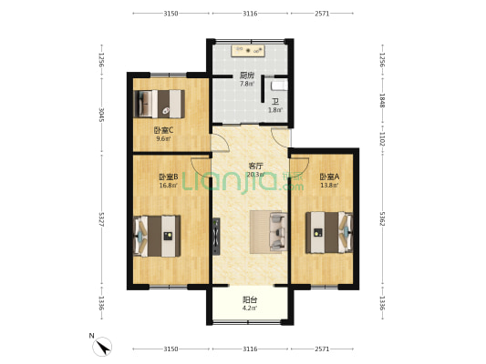 三友路99号 3室1厅1卫 85平方