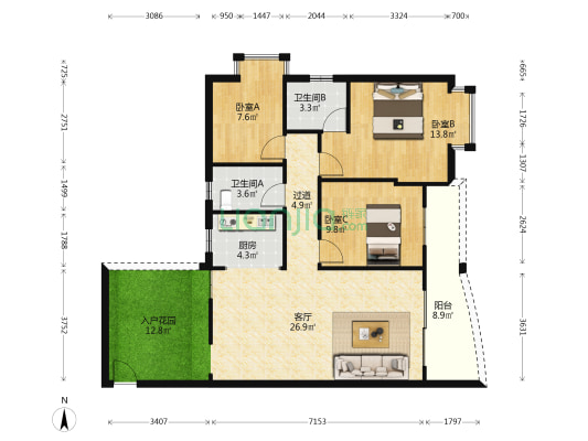 上河坊颐园 3室1厅2卫 107平方