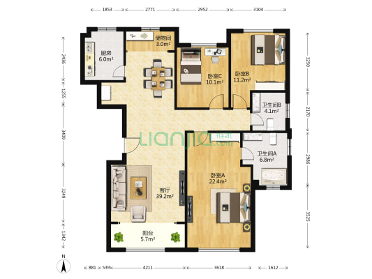 招商海德花园 3室1厅2卫 135平方