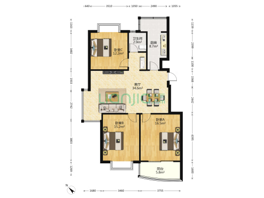 天都芳庭 3室1厅1卫 121平方