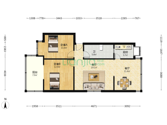 云南省非金属矿产应用研究所宿舍 2室2厅1卫 64平方