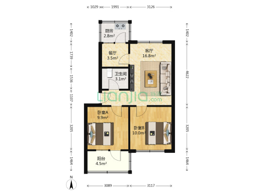 北方住宅区 2室2厅1卫 60平方