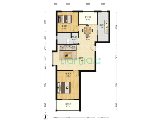 左岸小区 2室2厅1卫 96平方