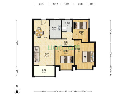 招商奥体公园一期 3室1厅1卫 90平方