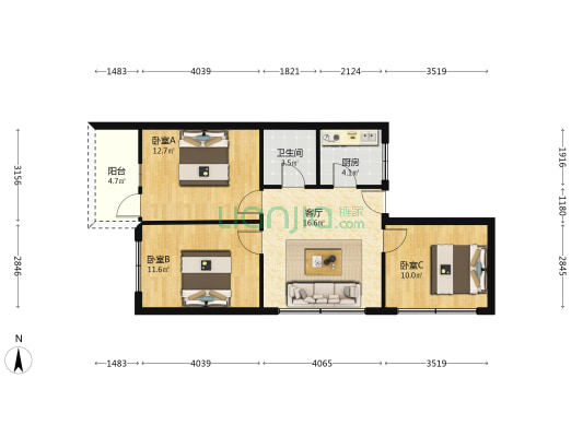 文明小区 3室1厅1卫 74平方