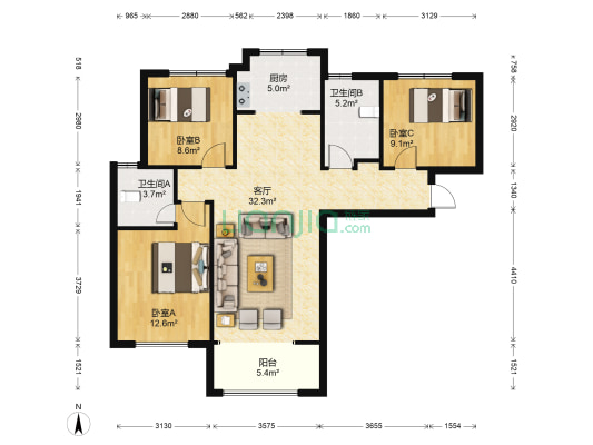 大运河孔雀城温莎郡 3室1厅2卫 99平方