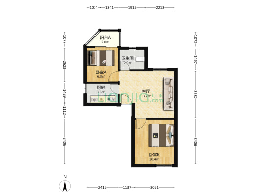 倚园大厦 2室1厅1卫 53平方