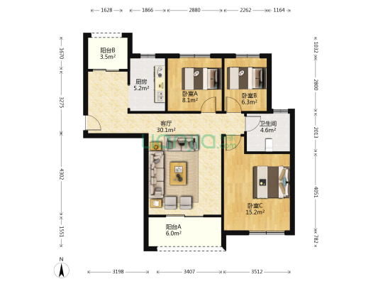 汉荣苑 3室1厅1卫 109平方