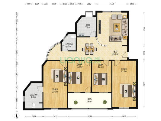 铁威公寓 4室1厅2卫 183平方