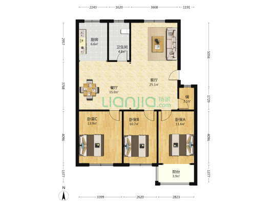 珠江花园 3室2厅1卫 116平方