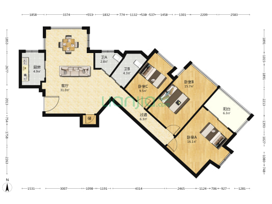 三浃大厦 3室1厅2卫 128平方