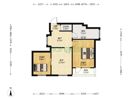 解放路358号 2室2厅1卫 65平方