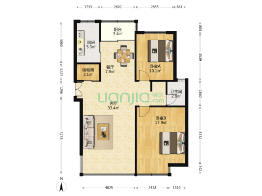 海德花园 2室2厅1卫 95平方