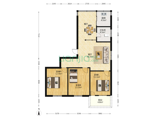 检察院单位宿舍 3室1厅1卫 99平方