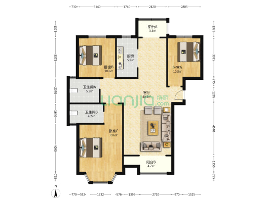 新田城湖光里 3室1厅2卫 130平方