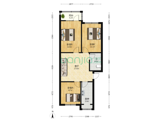 陵西南大街41号院 3室1厅1卫 77平方