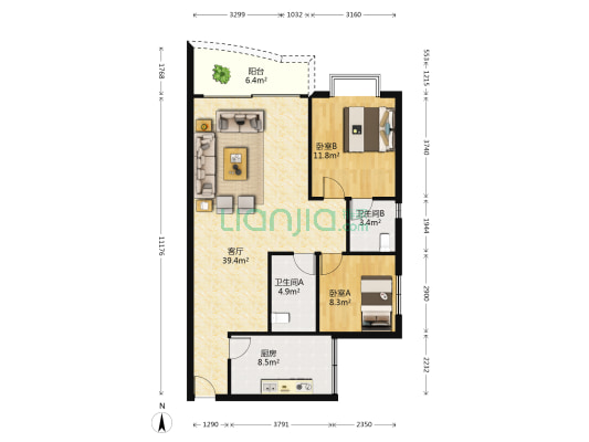 海棠丽景 2室1厅2卫 104平方
