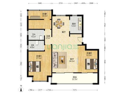 置地栢悦湾南区 3室1厅2卫 127平方