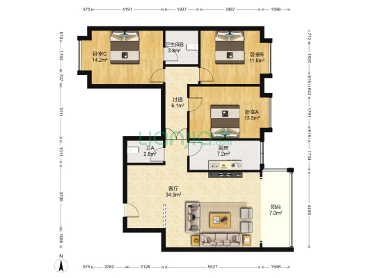 阳光家园牡丹苑 3室1厅2卫 124平方