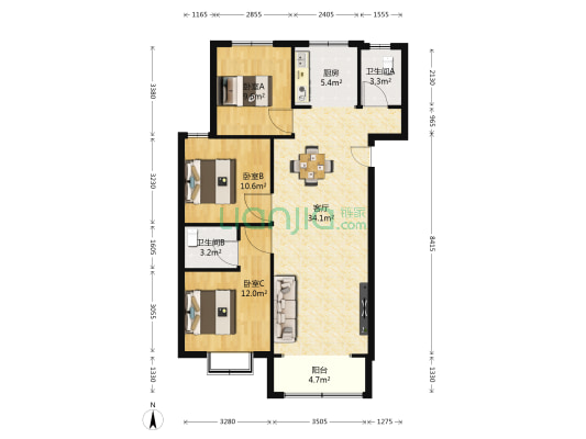 东湖嘉苑 3室1厅2卫 118平方