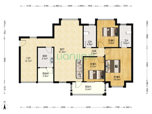 锦明华府 3室1厅2卫 103平方