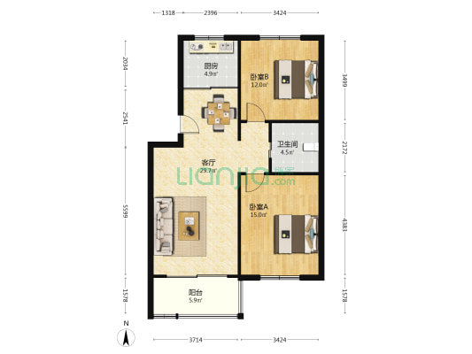 田园河畔居 2室1厅1卫 85平方