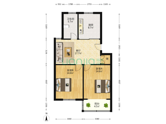 如意湾家苑 2室1厅1卫 85平方