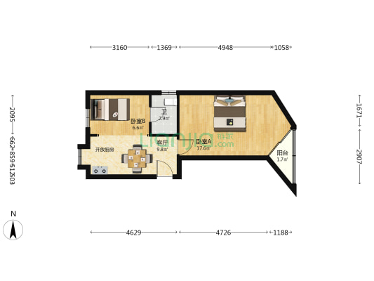 汉中路 2室1厅1卫 52平方