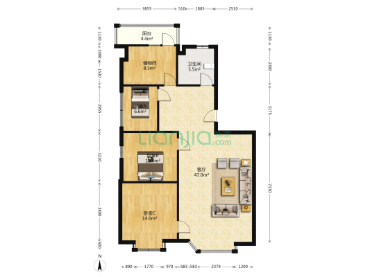绵竹广场东40号 3室1厅1卫 117平方