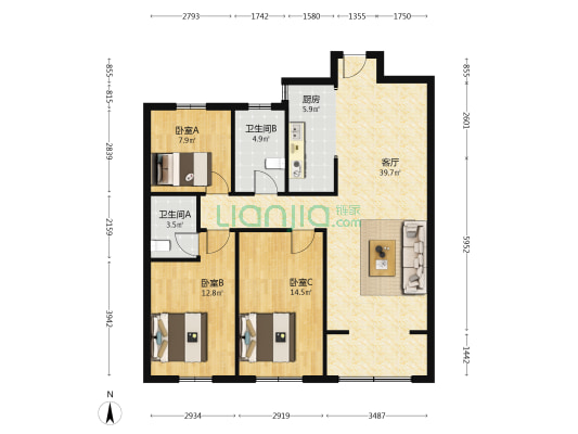 锦东如意城 3室1厅2卫 124平方