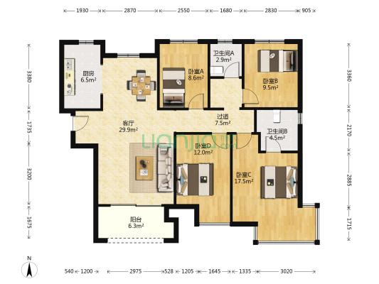 康桥康城一号院 4室1厅2卫 142平方