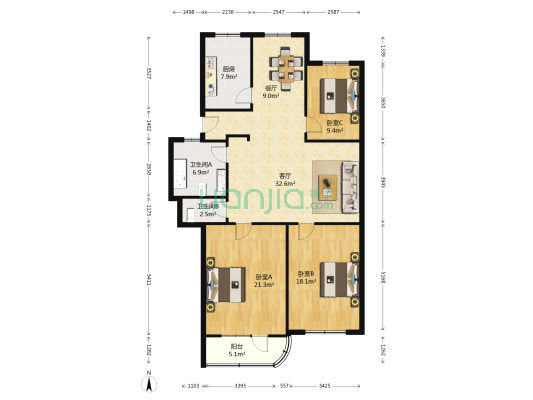 雁招小区 3室2厅2卫 136平方
