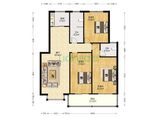 金苑小区 3室1厅2卫 141平方