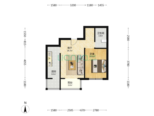 鹤泽园 1室1厅1卫 68平方