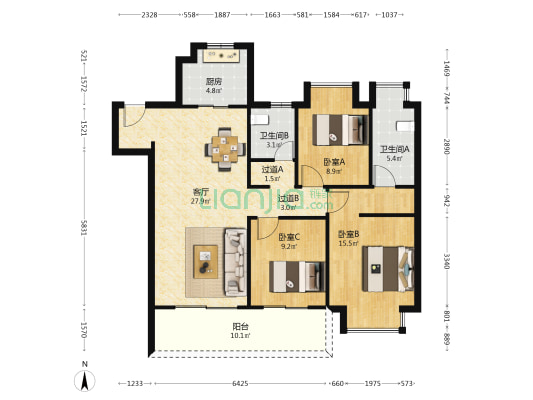 华侨城运河湾A区 3室1厅2卫 119平方