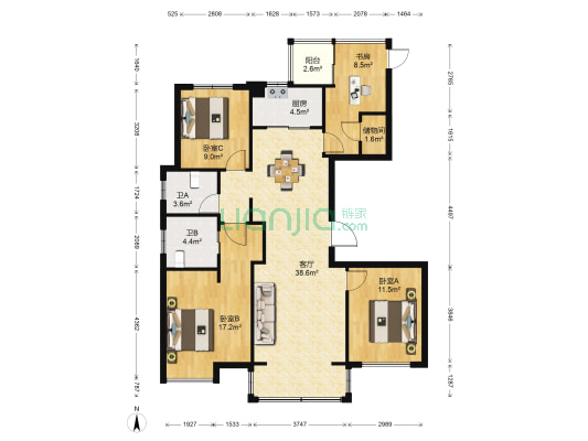 海曙中梁壹号院 4室1厅2卫 129平方