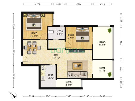 维港 2室1厅1卫 82平方