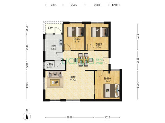 龙湖小区 3室1厅1卫 88平方