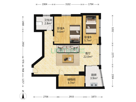 一元花园二期 2室1厅1卫 57平方