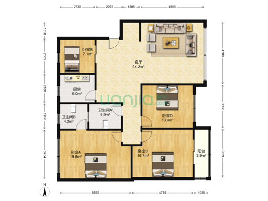 汇源丝绸住宅小区 4室1厅2卫 149平方