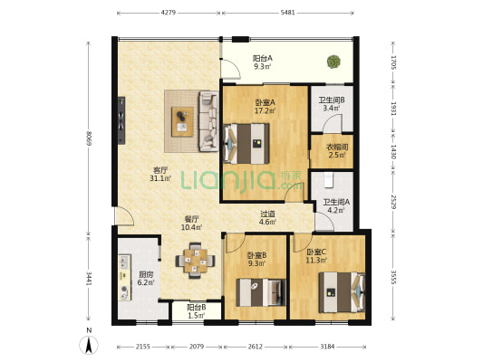 半山丽园北区 3室2厅2卫 138平方