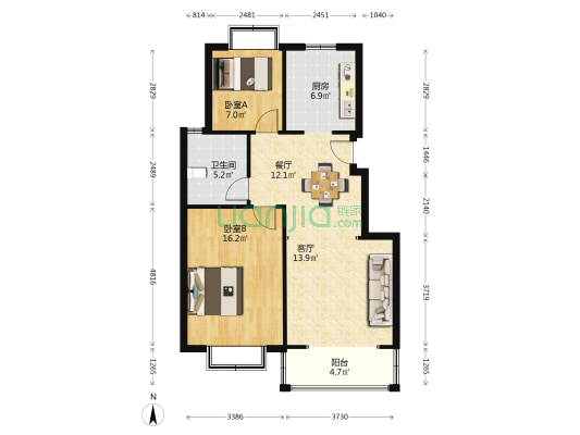西欧龙城 2室2厅1卫 87平方