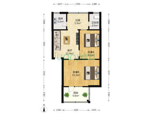 保全街17号院 2室1厅1卫 63平方