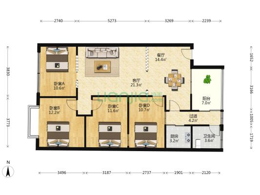 翡翠明珠花园 4室2厅1卫 97平方