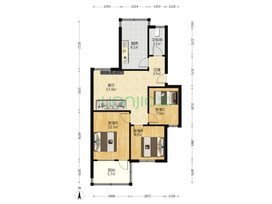 仙洲小区 3室1厅1卫 82平方