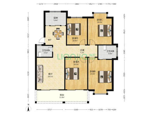 新世纪花园 4室1厅2卫 136平方
